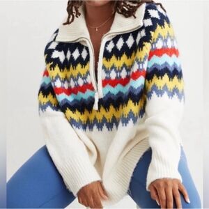 Aerie Relaxed Fair Isle Chevron Aztec Quarter Zip Turtleneck Chunky Sweater S